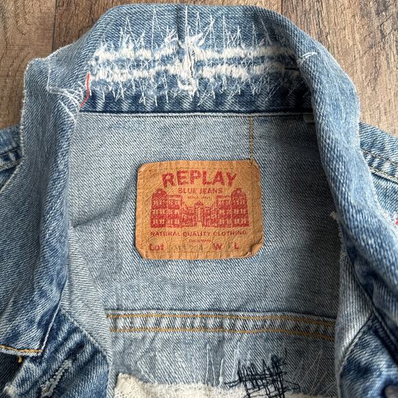 Vintage Replay Denim Jacket Women's Large Blue Made In Italy Grunge Patched 6476 - Picture 3 of 13